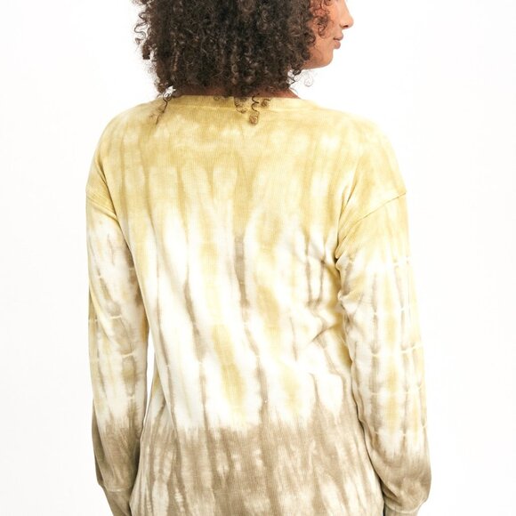 MYSTREE Yellow Beige Tie-Dye Long Sleeve Top, Casual Waffle Knit Pullover - Picture 5 of 7